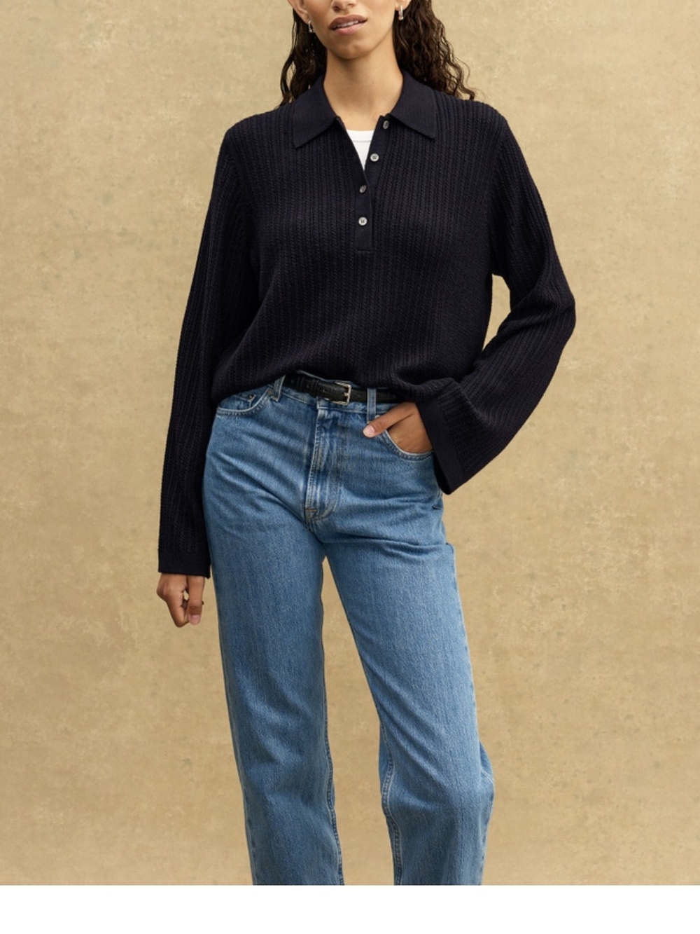 Women's Cream Ribbed Collar Sweater - Picture 6 of 9